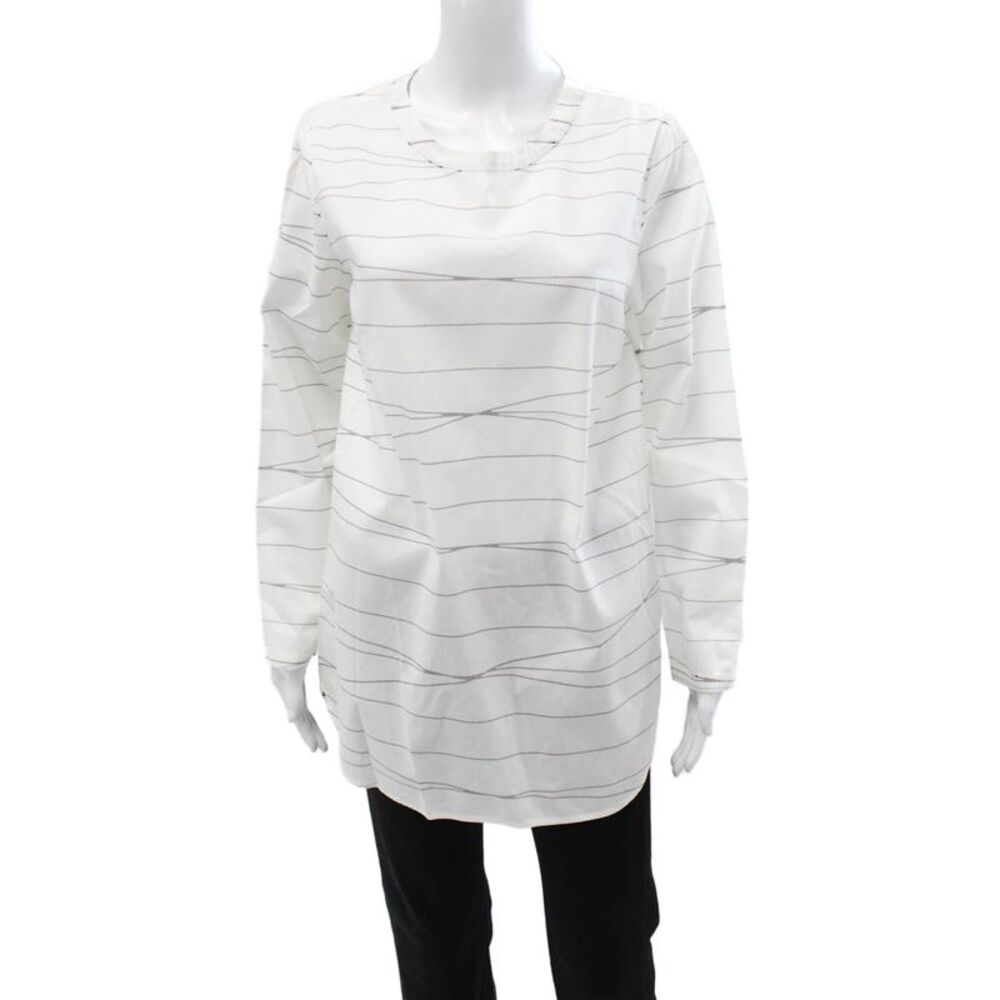 Lisa Perry Women Tunic Blouse White Striped Long Sleeve Zip Size 10